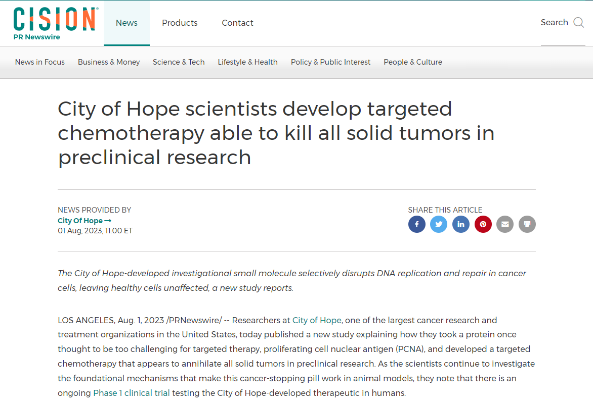 美国顶级癌症研究机构：研发出一款能杀死所有实体癌瘤的药物